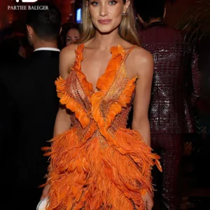 Orange Sparkly Beaded Feather Crystal Prom Evening Party Dress