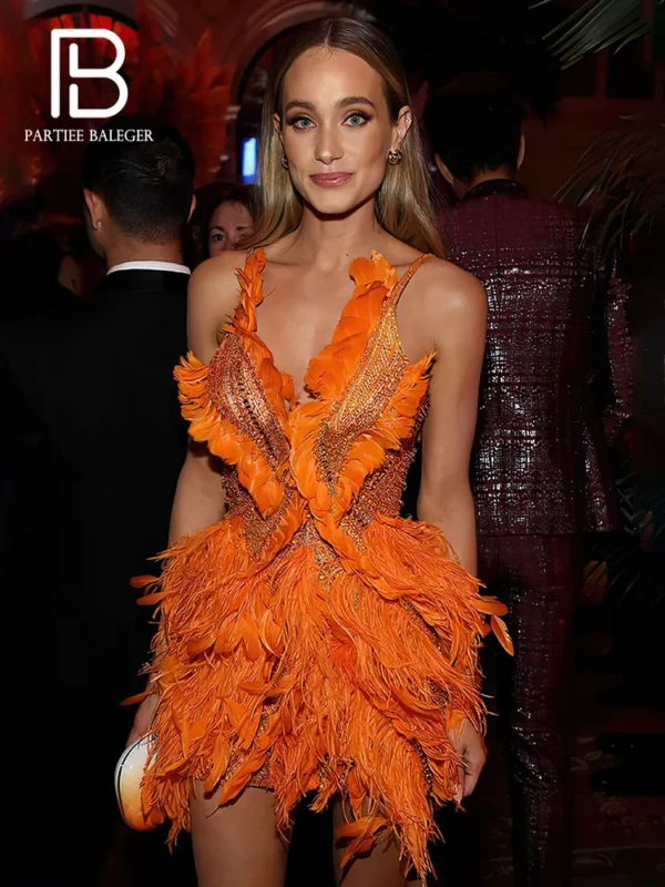 Orange Sparkly Beaded Feather Crystal Prom Evening Party Dress