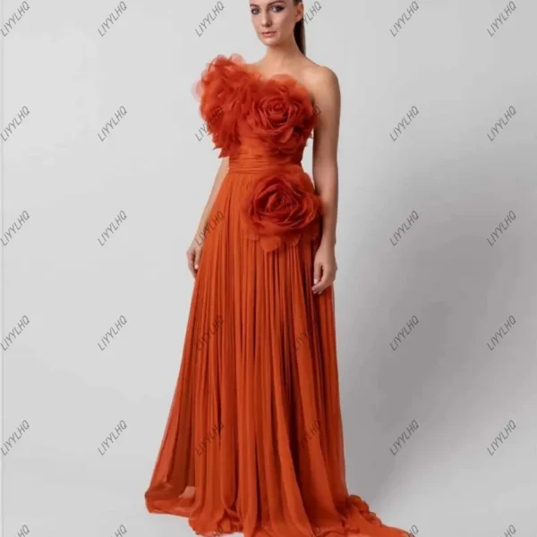 Chic handmade orange prom dresses with ruffled flowers, floor-length gown