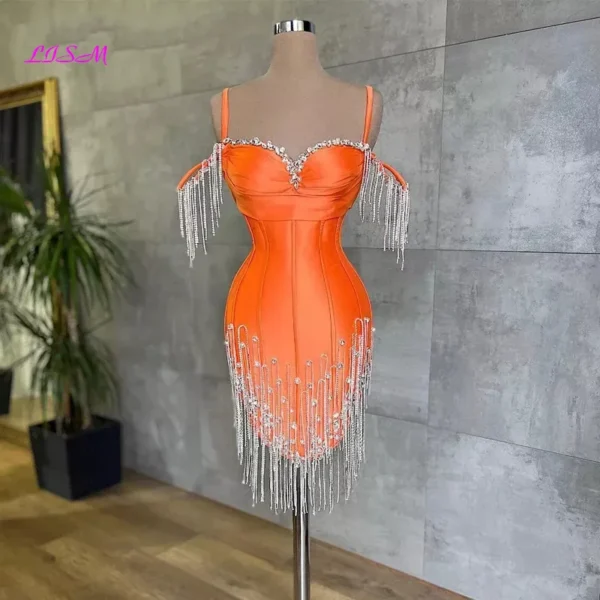 Orange prom dresses, mermaid mini cocktail dress with crystal tassels - Image 2