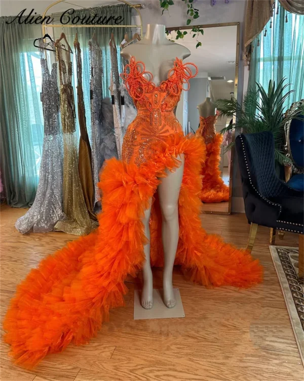 Exquisite Orange Prom Dress 2025 With Rhinestones Split Ruffle
