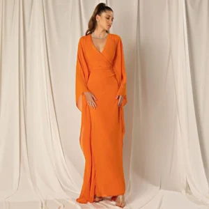 Elegant Orange V Neck Chiffon Maxi Dress For Wedding Guests