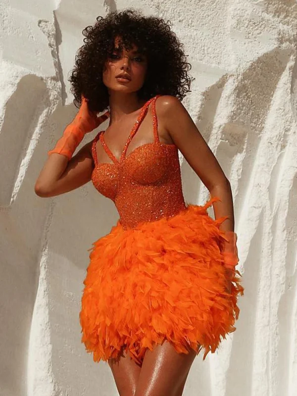 Sexy Glitter Sequin Feather Orange Mini Cocktail Prom Dress Women - Image 3