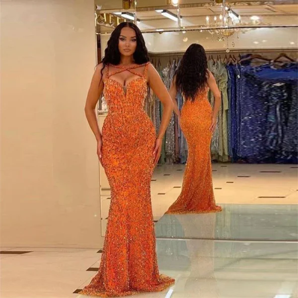 Orange Prom Dresses Sequined Mermaid Sleeveless Across Straps Formal Gown