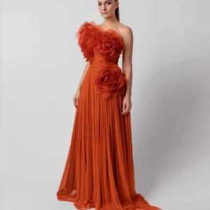 Pretty Burnt Orange Ruffled Floral Long Evening Gown For Formal Occasions