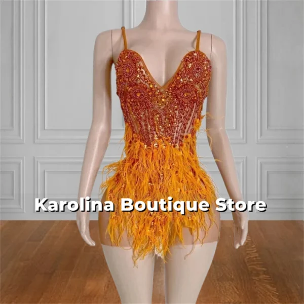 Brilliant Orange Spaghetti Prom Dress Beaded Rhinestones Feathers Gown