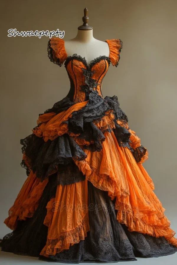 Orange Prom Dresses Ruched Black Vintage Floor-Length Masquerade Gown - Image 2