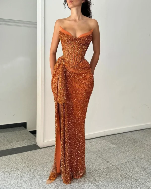 Orange Prom Dresses, Sequin, Sheath, High Slit, Satin, Elegant Gown