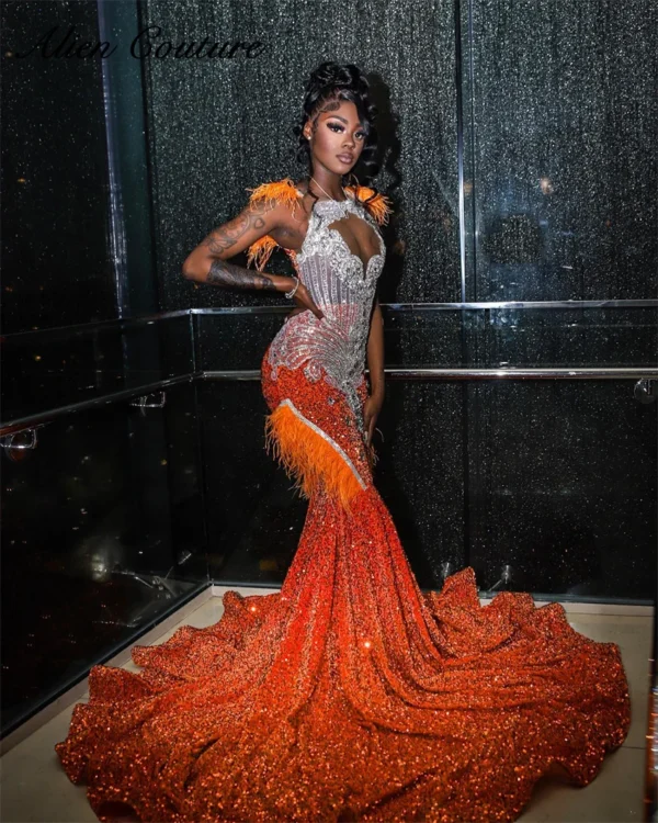 Elegant Orange Prom Dresses with Sequins, Rhinestones, and Feathers