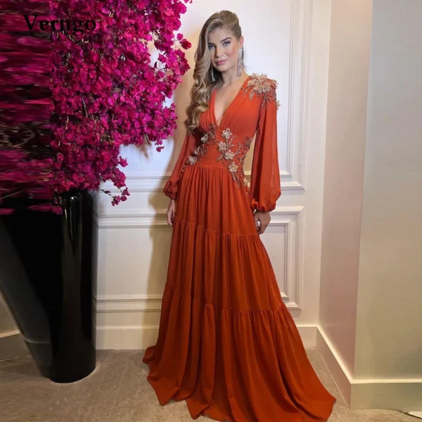 Burnt Orange Prom Dresses: Long Sleeve, V Neck, 3D Flowers Gown