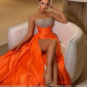 Orange Prom Dress Beaded A-Line Side Split Sleeveless Evening Gown