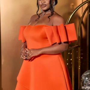 Women Orange Off Shoulder A-Line Cocktail Party Prom Dress 2025