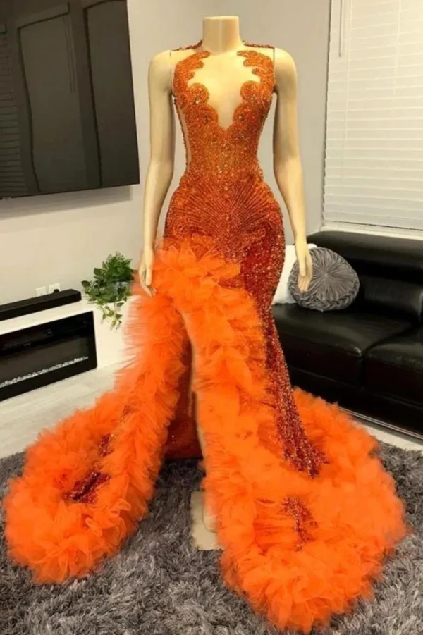 Orange Mermaid Prom Dress Black Girls Sequined Ruffled Gown