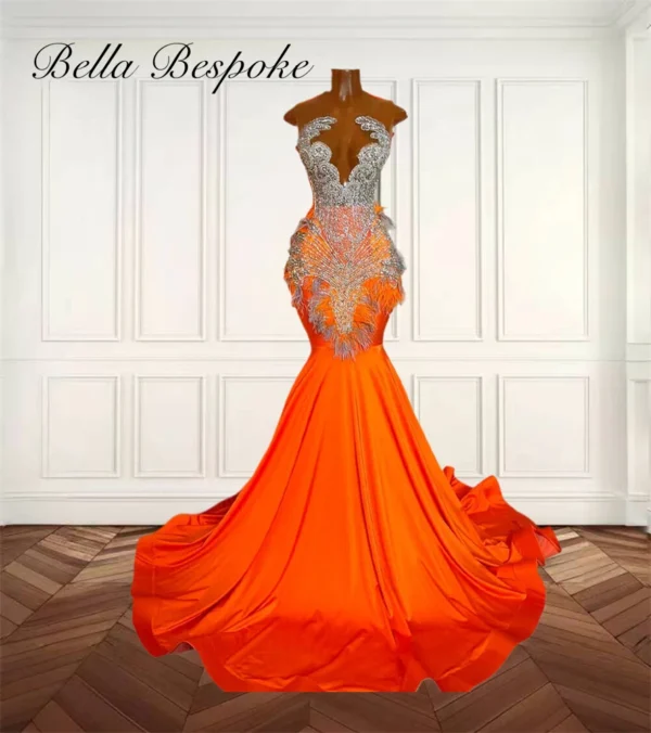 Orange Feather Mermaid Prom Dress Bead Appliques Rhinestone Gown