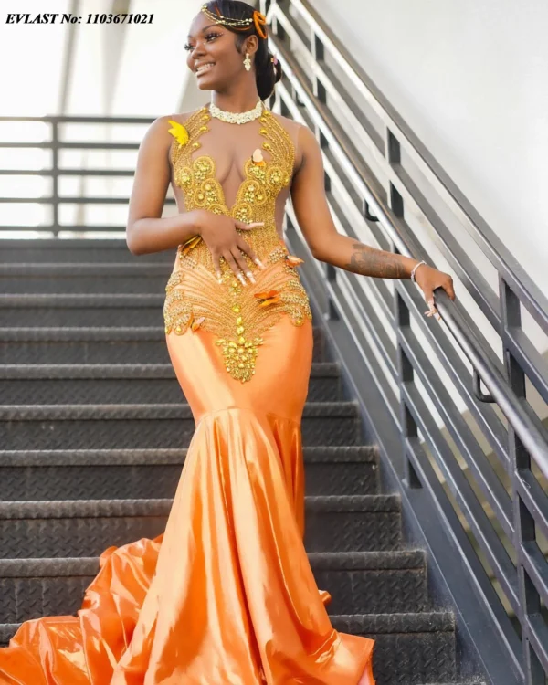 Orange prom dresses, customized mermaid gown with golden crystals and beads - Image 3