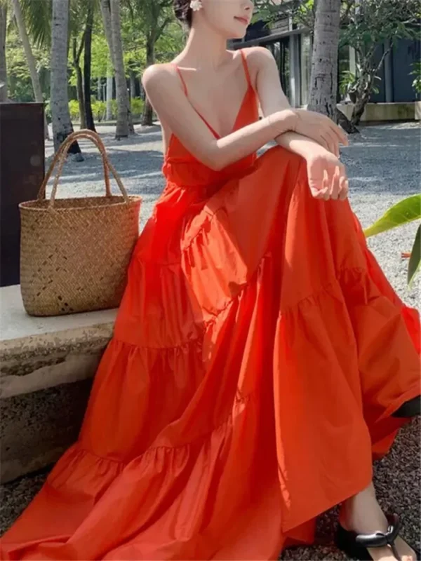 Orange Backless Halter Maxi Dress Summer Beach Holiday A-Line Style - Image 5