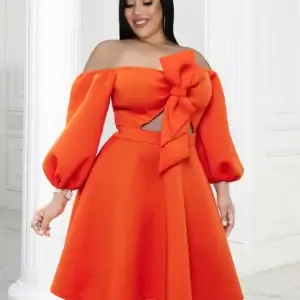 Plus Size Orange Prom Dress Off Shoulder Cut Out A-Line Ball Gown Evening Party Dress