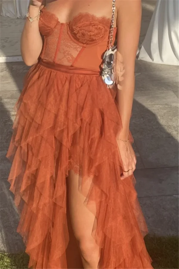 Orange Prom Dresses Tulle Lace Tiered Skirt Slit Evening Gown - Image 4