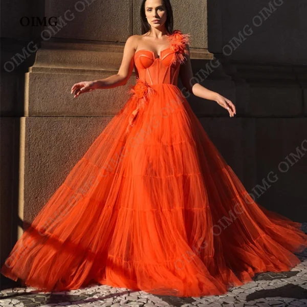 Orange prom dresses, elegant one-shoulder feather lace tulle gown