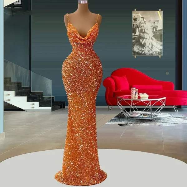 Flavinke Orange Mermaid Dress V Neck Sparkling Sleeveless Customized Gown