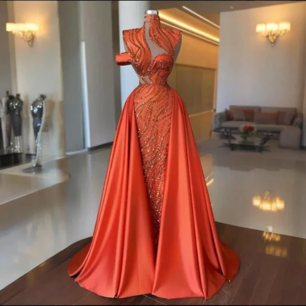 Luxury Orange Mermaid Evening Dress High Neck Sequin Gown Customized