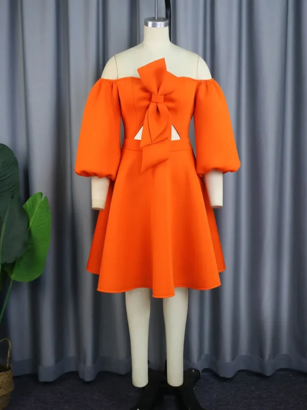 Orange Plus Size Scuba Skater Dress with Lantern Sleeves & Bowtie Detail - Image 3
