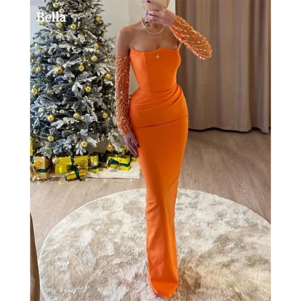 Elegant Orange Satin Strapless Mermaid Glitter Long Sleeve Evening Dress