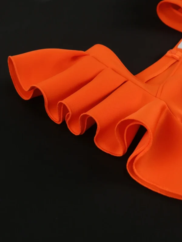 Orange Pearl Chain Petal Dress Slim Fit High Slit Elegant Evening Gown - Image 3