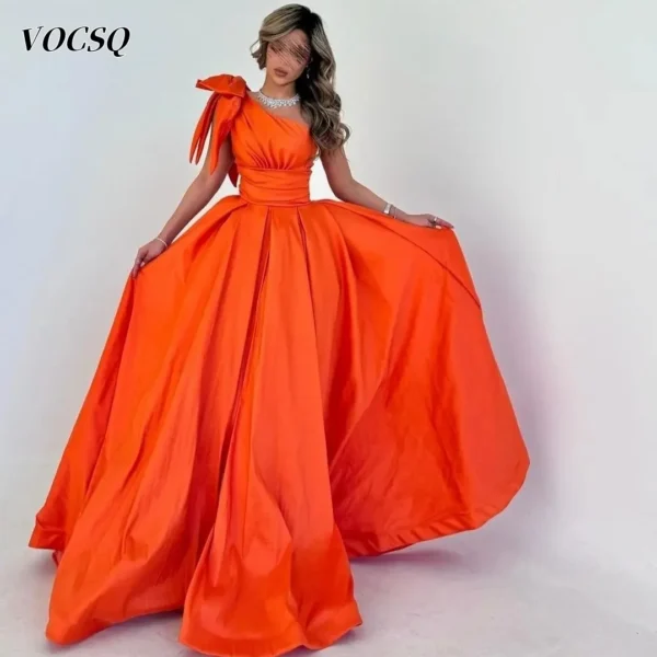 Elegant One Shoulder Orange Satin A-Line Prom Dress For Women 2025