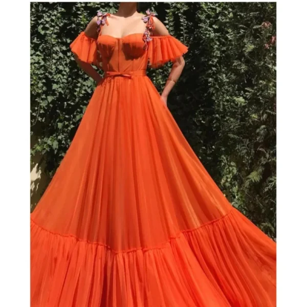 Fashion Off-The-Shoulder Orange Tulle A-Line Prom Party Dresses - Image 4