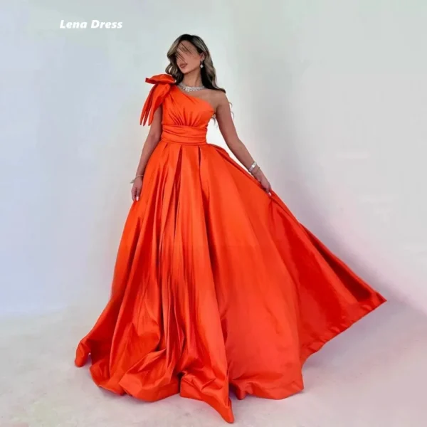 Elegant One Shoulder Orange Satin Evening Dress For Weddings Party - Image 4