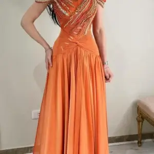 Orange Prom Dress Vintage Beaded Chiffon Ruffle A-Line Formal Evening Gown
