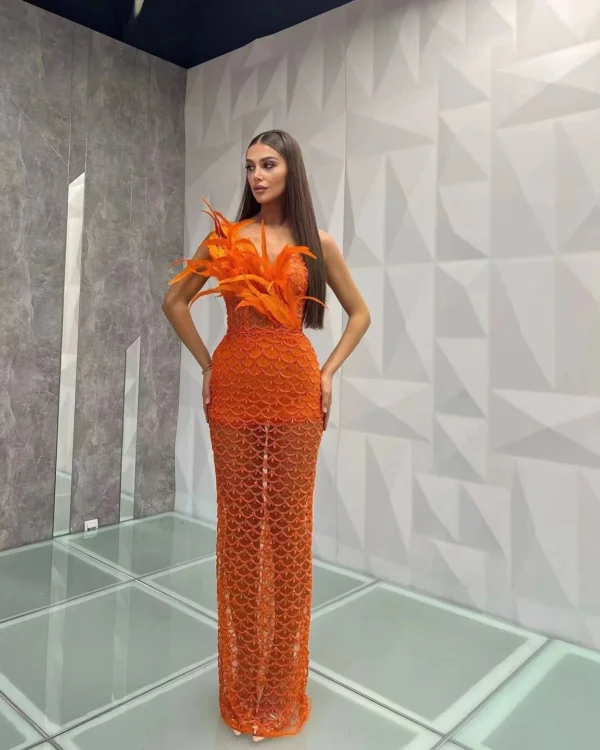 Orange Off Shoulder Feathers Sequins Bodycon Evening Party Dress