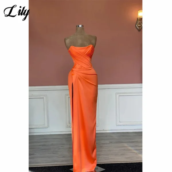 Orange Prom Dresses: Sexy Pleated Strapless Mermaid Satin Evening Dress