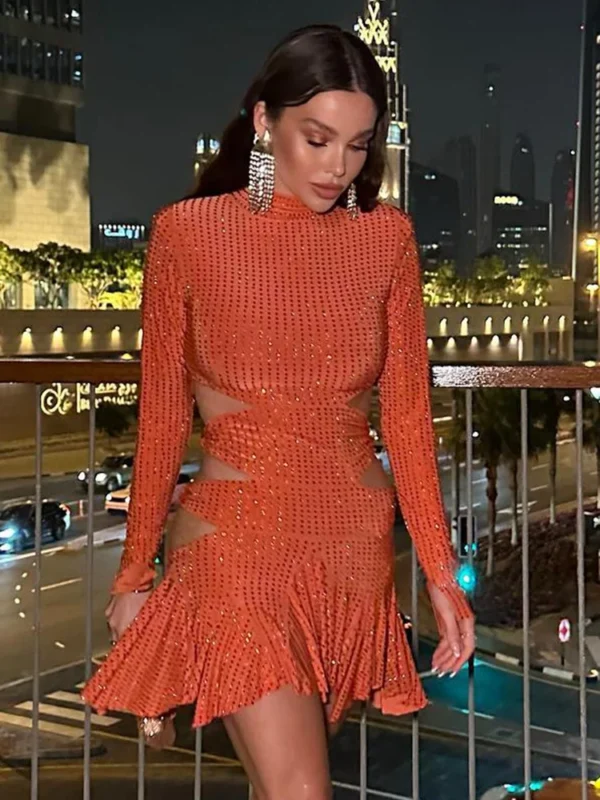 Orange High Collar Bodycon Party Dress with Tassels and Rhinestones - Image 2