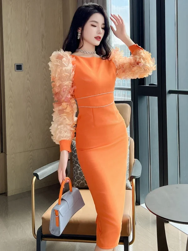 Elegant Orange Long Sleeve Dress For Women Prom Office Party - Image 3