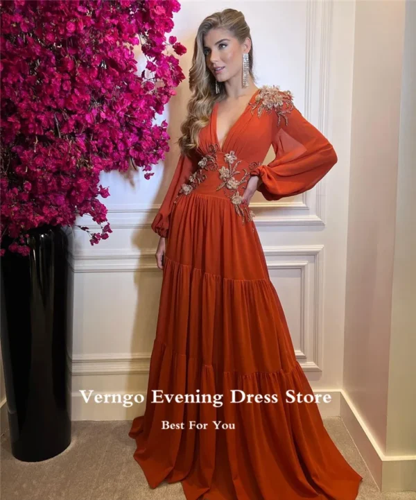 Burnt Orange Prom Dresses: Long Sleeve, V Neck, 3D Flowers Gown - Image 2