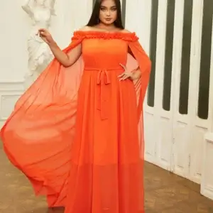 Plus Size Orange Prom Dress Off Shoulder Long Sleeve A-Line Evening Gown