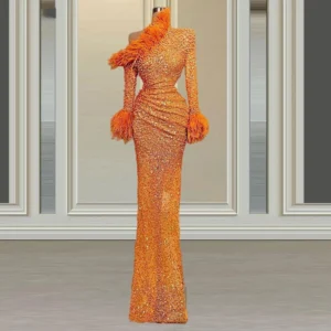 Orange Beaded Mermaid Evening Dress With Feathers Formal Gown