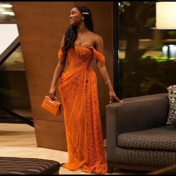 Orange prom dresses, lace off-shoulder African women long evening gown