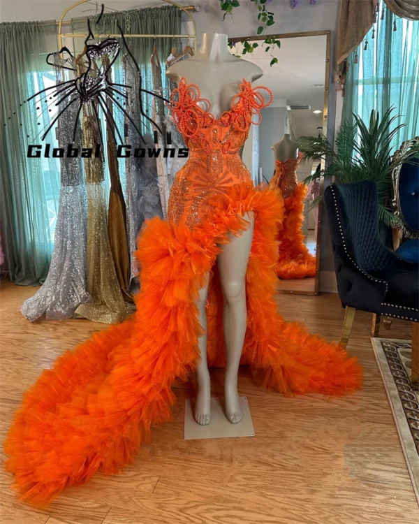 Orange prom dresses, sweetheart beaded ruffle puffy slit evening gown