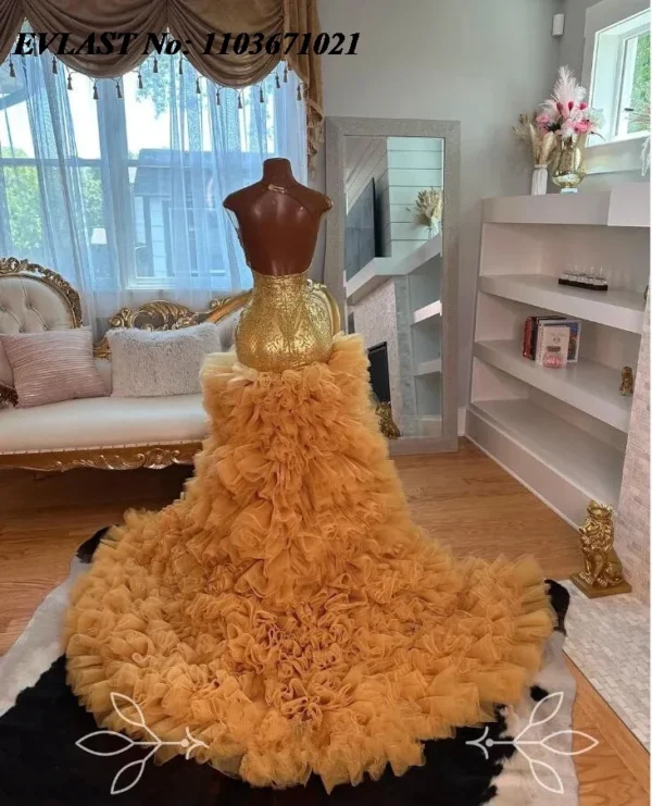 Orange prom dresses: Customized gold sparkly mermaid gown with beaded ruffles - Image 3