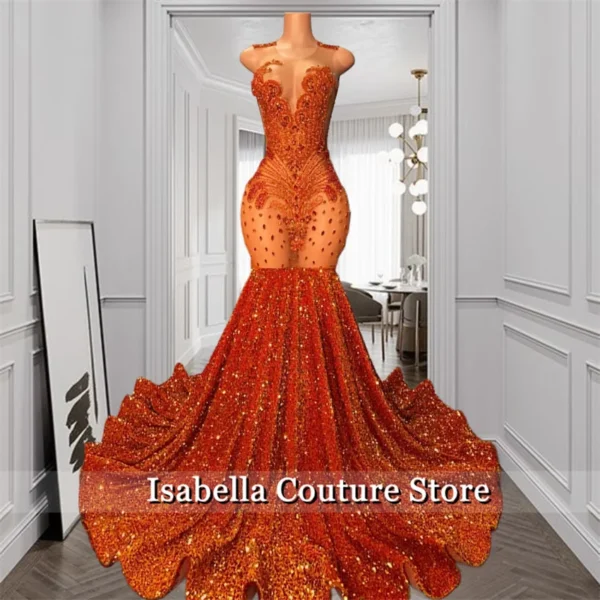Gorgeous Orange Sequin Mermaid Prom Dress With Crystals And Beads