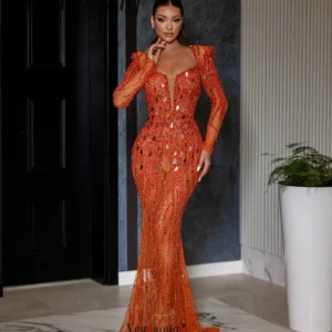 Arabic Orange Beaded Mermaid Dress Long Sleeve Evening Gown