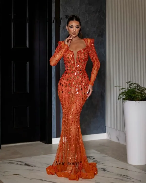 Arabic Orange Beaded Mermaid Dress Long Sleeve Evening Gown