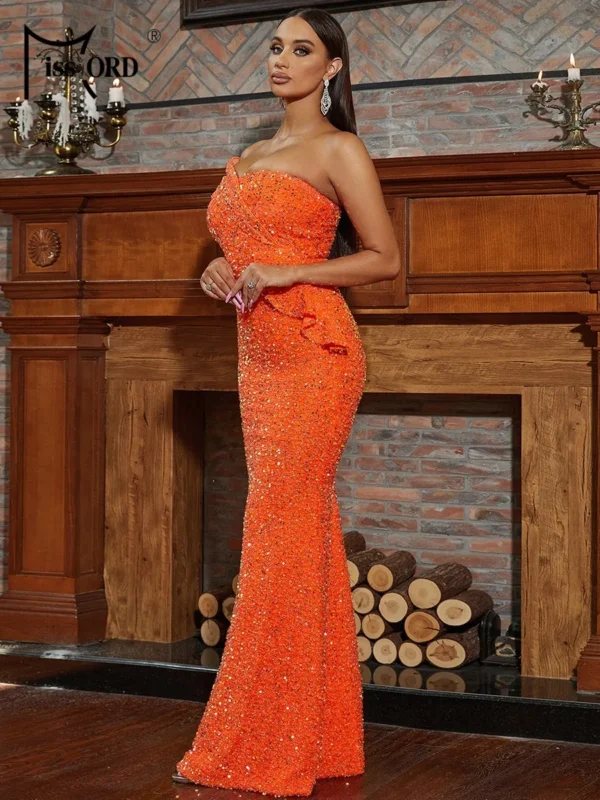 Missord Orange Sequin One Shoulder Mermaid Party Dress Prom Gown - Image 3