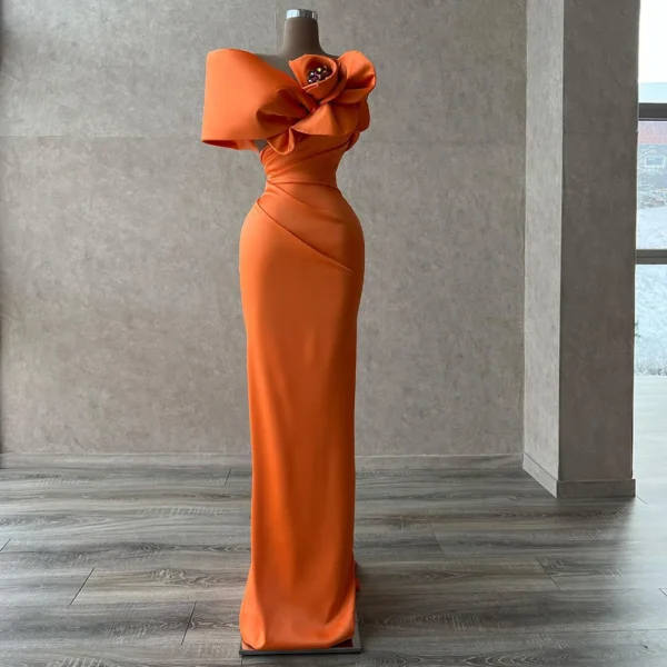 Orange prom dresses, off-shoulder mermaid gown with 3D flower details