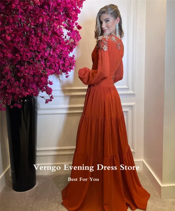 Burnt Orange Prom Dresses: Long Sleeve, V Neck, 3D Flowers Gown - Image 3