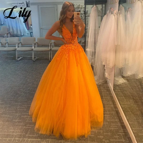 Orange prom dresses, Lily A-line spaghetti strap with lace appliques