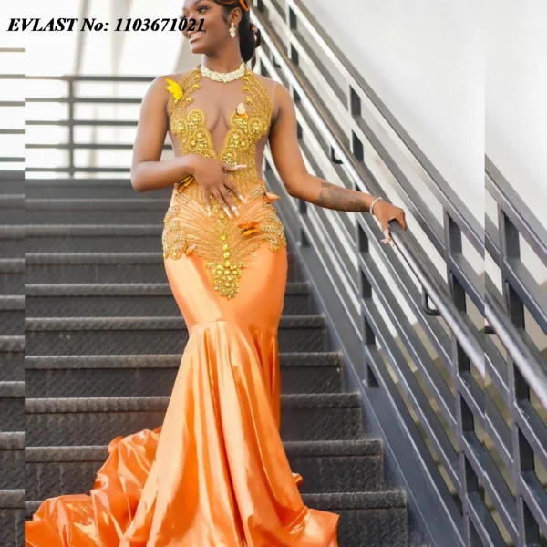 Orange prom dresses, customized mermaid gown with golden crystals and beads - Image 4